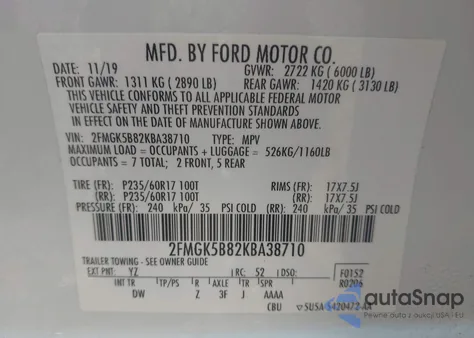 2019 Ford Flex Se из США, поврежденный, VIN 2FMGK5B82KBA38710